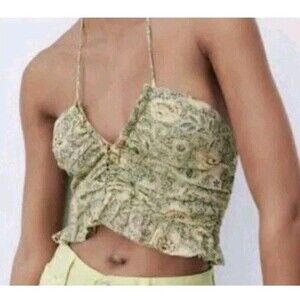ZARA V-Neck Paisley Print Green Yellow Halter Crop Top Ruffle Hem Womens Medium